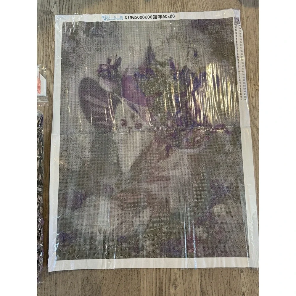 HUGE! New Diamond Painting Art Kit-Cat In lilac Lavender Easter‎ Hat 31x23 Read